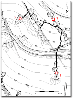 Topographische Karte der archäologisch untersuchten Bergwerke am Birkenberg